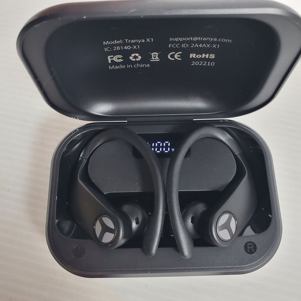 Tranya X1 Wireless Bluetooth Earbuds with Charging Case and Ear Hooks – Black